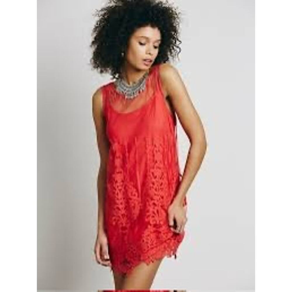 Free People Red Lace Overlay Shift Mini Dress Size S Red Slip